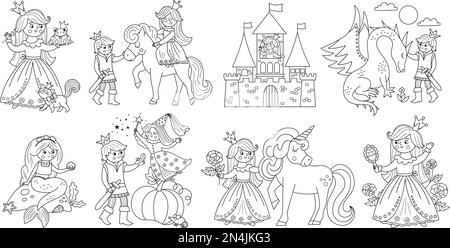 Fairy tale black and white vector princess set. Fantasy line girl collection. Medieval fairytale maid coloring page. Girlish cartoon magic icons pack Stock Vector