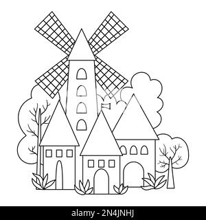 Vector coloring page Medieval village icon with windmill. Magic kingdom picture. Stone, wooden building coloring page. Countryside with towers, houses Stock Vector