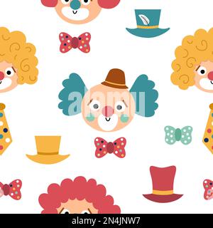 Vector seamless pattern with clown faces. Circus artists avatars repeat background. Amusement holiday digital paper. Cute funny festival texture with Stock Vector