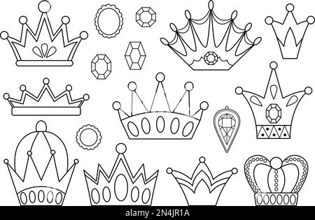 Fairy tale black and white crowns collection. Vector line set with fantasy king or queen accessories. Sovereign authority symbols. Medieval fairytale Stock Vector