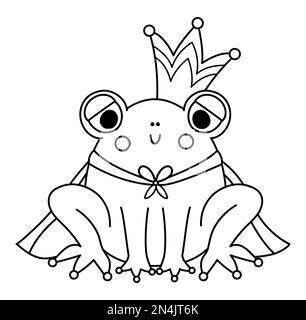 Fairy tale black and white frog prince with crown and mantle isolated on white background. Vector line fantasy animal in royal clothes. Medieval fairy Stock Vector