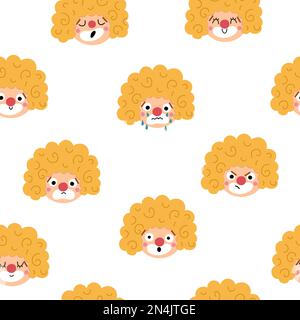 Vector seamless pattern with clown faces showing feelings and emotions. Circus artists repeat background. Amusement heads digital paper. Street show c Stock Vector