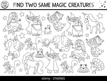 Find two same magic creatures. Black and white fairytale matching activity for children. Fantasy kingdom quiz worksheet or coloring page. Simple print Stock Vector