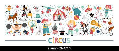 Vector horizontal set with cute circus animals, objects, artists. Street show elements, clowns, marquee. Festival card template border design for bann Stock Vector