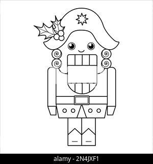 Vector black and white Nutcracker with holly on his hat. Cute winter fairytale line illustration or coloring page. Funny outline character icon for Ch Stock Vector