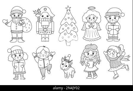 Vector set of black and white Christmas characters. Cute winter Santa Claus with sack, Angel, Elf, Nutcracker illustration or coloring page. Funny out Stock Vector