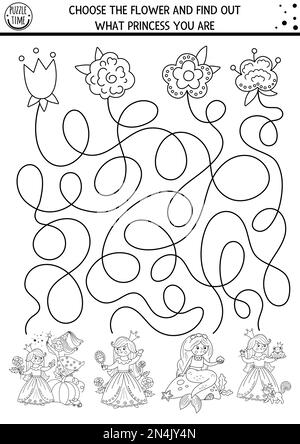 Black and white fairytale maze for kids with fantasy characters. Magic ...