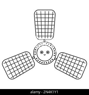 Vector black and white satellite illustration for children. Outline smiling technics icon isolated on white background. Space exploration coloring pag Stock Vector