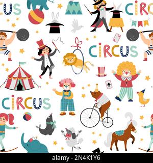 Vector circus seamless pattern. Repeat background with street show animals, tent, artists. Amusement holiday digital paper. Texture with bear on bike, Stock Vector
