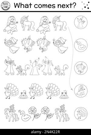Black and white fairytale matching activity with cute characters. Magic ...