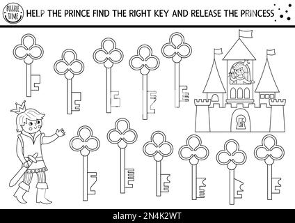 Black and white fairytale matching activity with cute characters. Magic ...