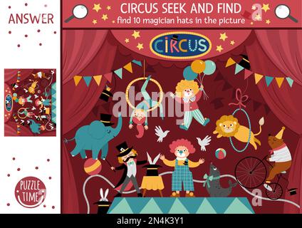 Vector circus searching game with amusement show scene and artists. Spot hidden magician hats in the picture. Simple festival stage seek and find educ Stock Vector