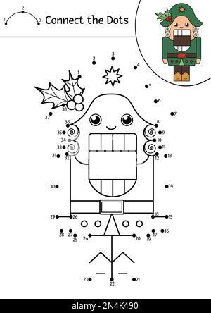 Vector Christmas dot-to-dot and color activity with cute Nutcracker. Winter holiday connect the dots game for children with fairytale soldier. Funny c Stock Vector