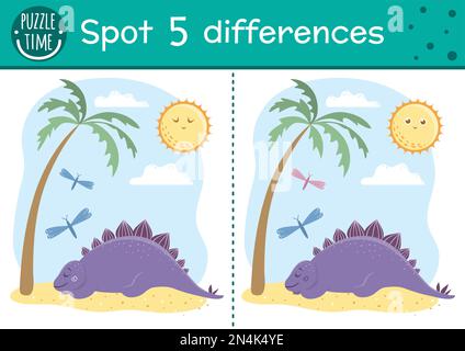 Prehistoric find differences game for children. Jurassic period educational activity with funny dinosaur. Printable worksheet with dino sleeping under Stock Vector