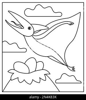 Black and white Pterodactyl dino flying among the clouds to nest with eggs.  Summer scene outline illustration with cute dinosaur. Funny prehistoric  reptiles coloring page for children. Stock Vector