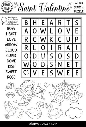 Vector Saint Valentine black and white wordsearch puzzle for kids. Love holiday crossword or coloring page. Activity with cupid, dove, heart, swans. F Stock Vector