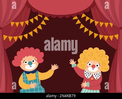 Vector circus stage with red curtains, flags, clowns and place for text. Concert scene background. Flat hall decoration. Holiday event or entertainmen Stock Vector