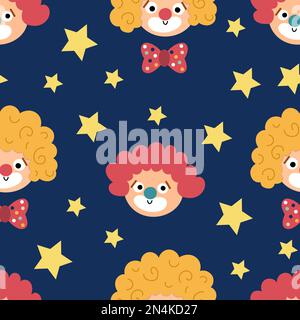 Vector seamless pattern with clown faces and stars. Circus artist avatars repeat background. Amusement holiday digital paper. Cute funny festival text Stock Vector