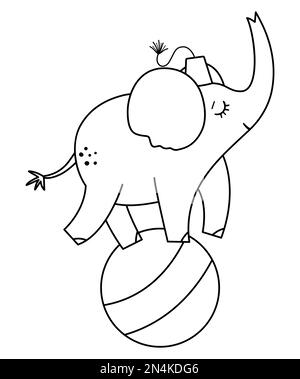 Black and white elephant on a ball. Vector circus outline animal. Amusement holiday line icon. Cute funny festival character clip art. Street show com Stock Vector