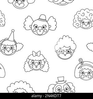 Vector black and white seamless pattern with clown faces. Circus artists line avatars repeat background. Amusement holiday digital paper or coloring p Stock Vector