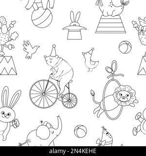 Vector black and white seamless pattern with circus animals. Amusement holiday line repeat background. Digital paper or coloring page with cute funny Stock Vector