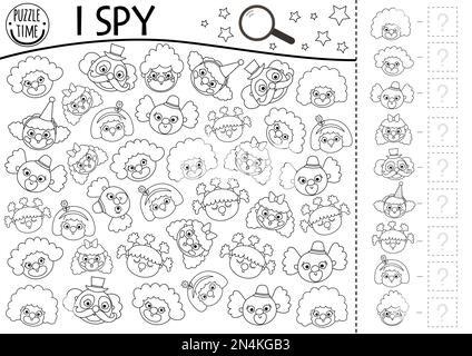 Circus black and white I spy game for kids. Searching and counting line activity with funny clown faces Amusement street show printable coloring page. Stock Vector