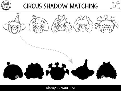 Circus black and white shadow matching activity with cute clown faces. Amusement show line puzzle. Find correct silhouette printable worksheet or game Stock Vector