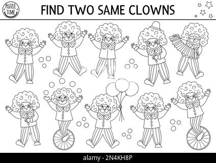 Find two same clowns. Circus black and white matching activity for children. Amusement show educational line quiz worksheet for kids. Simple printable Stock Vector