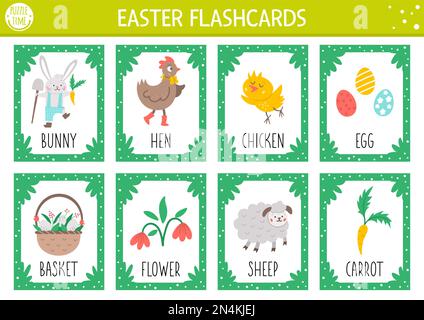 Vector Easter flash cards set. English language game with cute bunny, hen, chicken, Easter eggs for kids. Spring holiday flashcards with funny charact Stock Vector