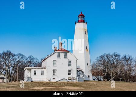 Sandy Hooks Historic Lighthouse On a Cold Winter Afternoon, New Jersey USA, Highlands, New Jersey Stock Photo