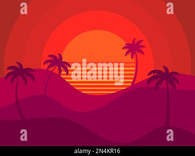 Palm trees on a retro sunset background. Tropical palm trees against the backdrop of a futuristic sunset. Design for promotional products, banner and Stock Vector