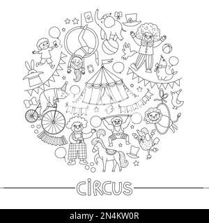 Vector black and white round frame with circus characters, objects. Street show line card template design for banners, invitations with animals. Cute Stock Vector