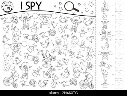 Circus black and white I spy game for kids. Searching and counting line activity with funny artists. Amusement street show printable coloring page. Si Stock Vector