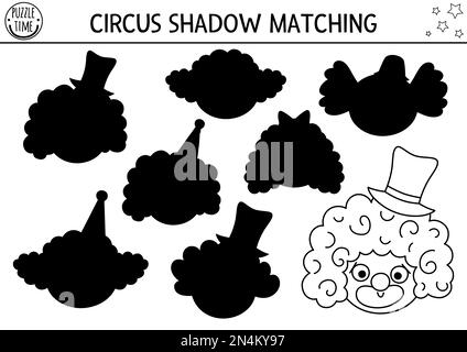 Circus black and white shadow matching activity with cute clown faces. Amusement show line puzzle. Find correct silhouette printable worksheet or game Stock Vector