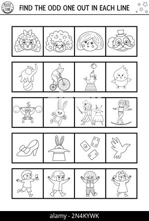 Find the odd one out. Circus black and white logical activity for children. Amusement show educational line quiz worksheet for kids for attention skil Stock Vector
