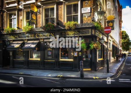 London, UK, Sept 2022, view of The Crown facade, a pub in Soho at the corner of Brewer and Lower James street Stock Photo