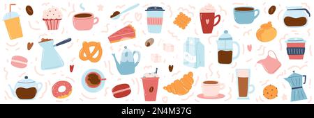 Big set of coffee items as coffee makers, cups, bakery, milk in hand drawn doodle style. Stylish cartoon flat icons of hot and cold coffee beverage. Stock Vector