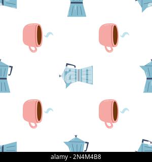 Seamless pattern with espresso coffee maker and cup in hand drawn style. Flat vector background of Italian espresso machine, moka pot and coffee mug. Stock Vector