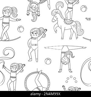 Vector black and white seamless pattern with gymnast girls with hoop, horse, ribbon. Line repeat background with cute funny acrobat. Circus or sport a Stock Vector