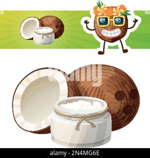 Coconut oil in a glass jar. Cartoon vector icon with a coconut character Stock Vector