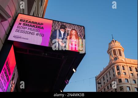Bizarrap x Shakira BZRP Music Sessions #53 advertised on a screen by Amazon Music in Gran Via, Madrid, Spain Stock Photo