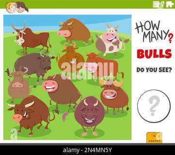 Illustration of educational counting game for children with cartoon bulls farm animal characters group Stock Vector