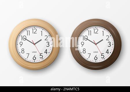 Vector 3d Realistic Simple Round Brown Wooden Wall Office Clock with White Dial Icon Set Closeup Isolated on White Background. Design Template, Mock Stock Vector
