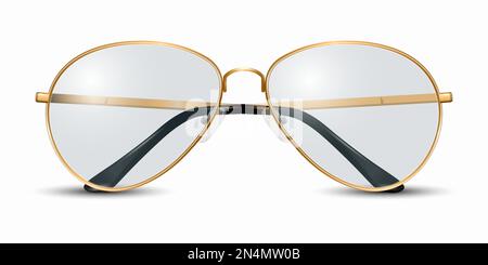 Vector 3d Realistic Modern Unisex Frame Glasses. Golden Metal Color Frame.Transparent Sunglasses for Women and Men, Accessory. Optics, Lens, Vintage Stock Vector
