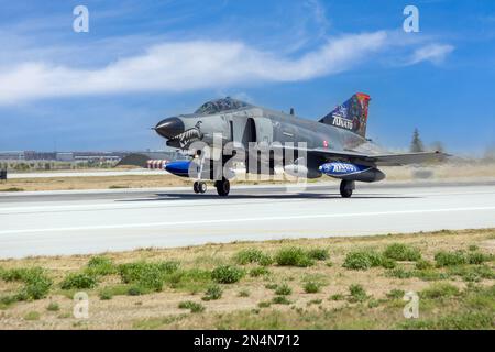 Konya, Turkey - 07 01 2021: Turkish Air Force McDonnel Douglas F-4 E Phantom II fighter jet in take-off position during Anatolian Eagle Air Force Exer Stock Photo