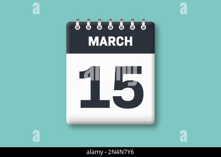 March 15 - Calender Page / Sheet with Date - 15th of March on Cyan / Bluegreen Background Stock Photo