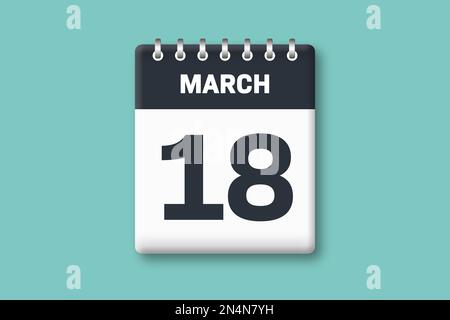 March 18 - Calender Page / Sheet with Date - 18th of March on Cyan / Bluegreen Background Stock Photo