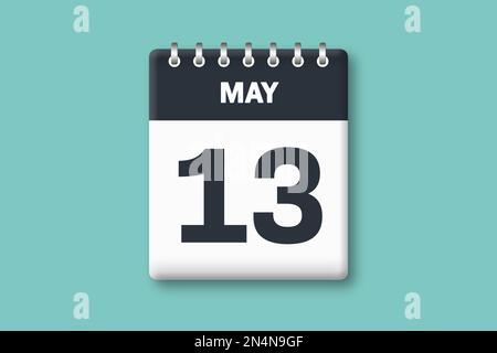 May 13 - Calender Page / Sheet with Date - 13th of May on Cyan / Bluegreen Background Stock Photo