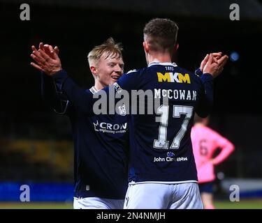 Dundee, Scotland, UK. 8th February 2023;  Dens Park, Dundee, Scotland:  SPFL Trust Football, Dundee versus Raith Rovers; Lyall Cameron of Dundee is congratulated after scoring for 2-0 by Luke McCowan in the 28th minute Credit: Action Plus Sports Images/Alamy Live News Stock Photo