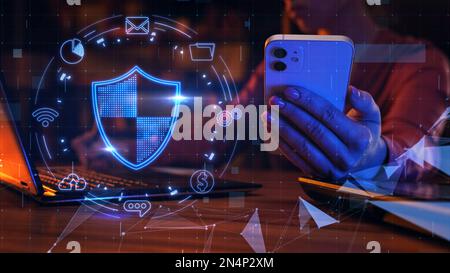 Network security. Digital wallet, secure online payments. Protection of personal data from hackers. Cybersecurity on the Internet. VPN work on a Stock Photo